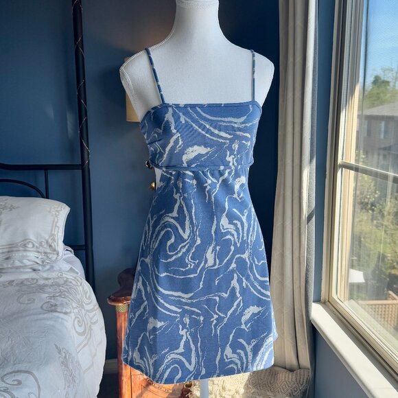 Blue and White Marble Swirl Side Cut Out Mini Party Dress - Picture 2 of 11